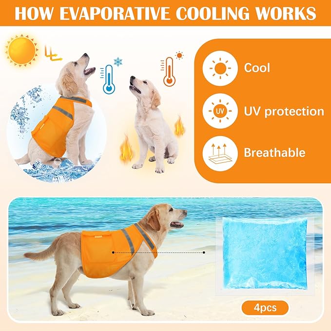 Aliceset 2 Pcs Dog Cooling Vest with 4 Recyclable Ice Pack Summer Outdoor Dog Cooling Harness Shirt Adjustable Pet Cooler(Orange,Medium)