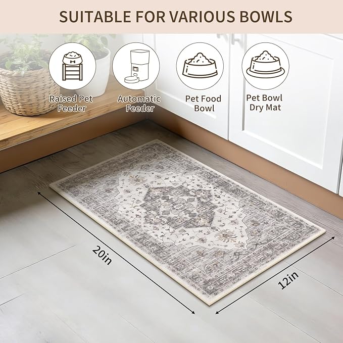 Boho Dog Feeding Mat, Absorbent Cat Matt for Food, Non Slip Pet Water Bowl Placemat Small for Floor, Beige & Charcoal & Brown Indoor Dog Eating Dish Mat 12"x20"