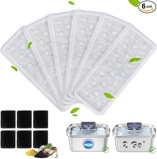 6 Pack Dog Water Fountain Filters and 6 Pack Sponges, Suitable for Stainless Steel Dog Water Fountain (PF-SS-01/PF-SS-02/PF-SS-03/PF-SS-04), High Efficiency Filtration, Idividual Package