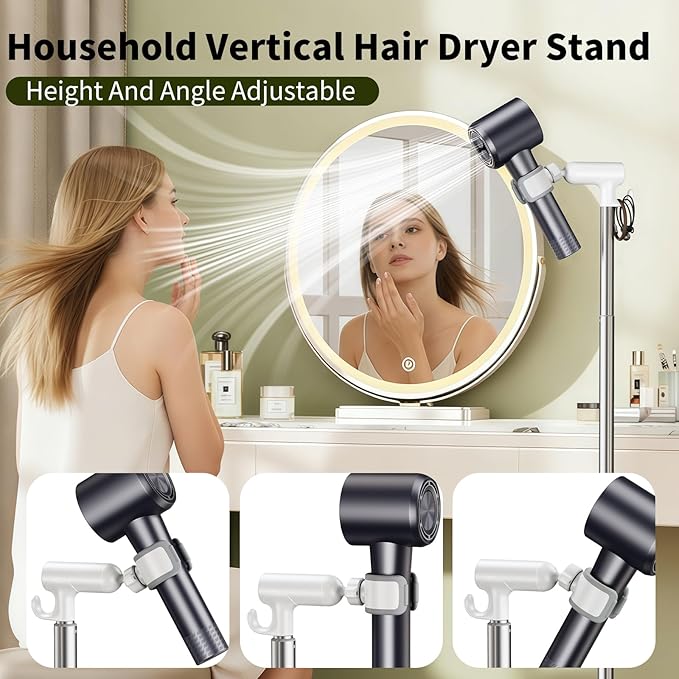 Hair Dryer Stand Hands Free With Anti-Slip Stable Base, Aluminum Alloy ,Adjustable Height 17 - 51 Inch,Blow Dryers Hairdryer Holder for Families & Pet Grooming Bathroom Use Hair Dryer Holder（White）