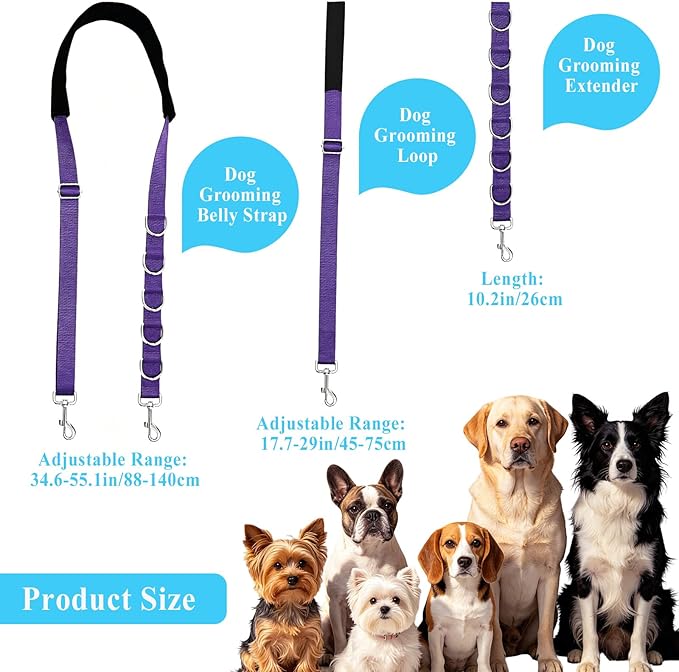 ASOCEA Dog Grooming Belly Strap Belly Band & Loop 3 Sets Adjustable Dogs Groomer Extension Strap for Pet Grooming Tables Arms Bathing Restraint Leash for Small & Medium Dogs(Purple)