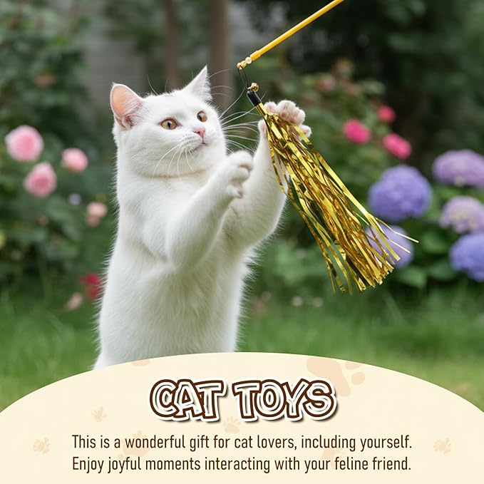8Pcs Cat Wand Toy Replacement with Bell Metallic Foil Tassel, 9Inch Cat Wand Attachments for Most Cats Indoor Cats Interactive Chase Exercise, 4 Colors