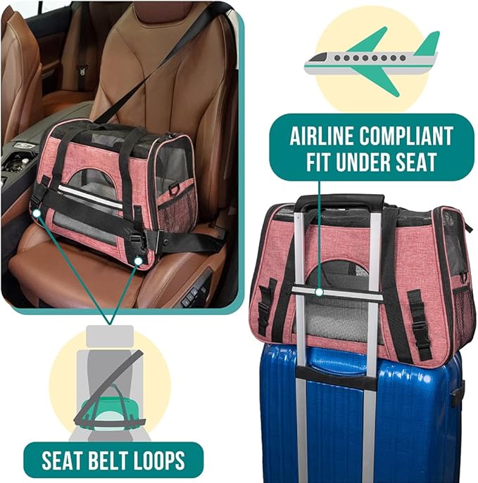 PetAmi Airline Approved Pet Carrier for Cats & Small Dogs, Soft Sided TSA Travel Carrier Bag with Sherpa Bed, Breathable Mesh Ventilation, Collapsible Bowl, Up to 18 lbs, Large Heather White Red
