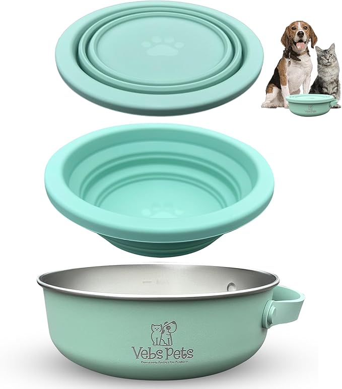Vebs Pets- Stainless Steel Dog Bowl 30 oz, W/Collapsible Bowl Lid 20 oz W/Handle, Leak Proof, Non Slip, for Food & Water for Dogs & Cats, Medium Dogs, Portable Travel Dog (Jade)