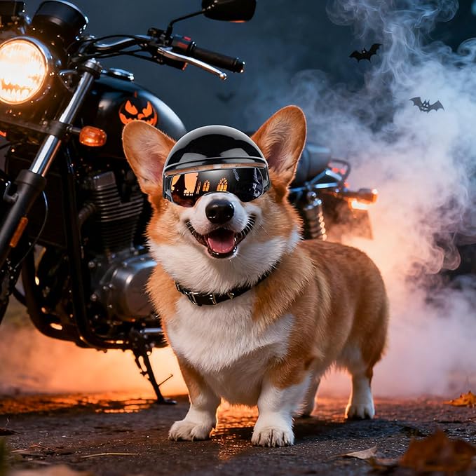 Small Dog Goggles with Helmet, 2PCS Dog Sunglasses and Pet Motorcycle Helmet with Ear Holes, Small Medium Breed Outdoor Driving Walking Biking Protection, Silver