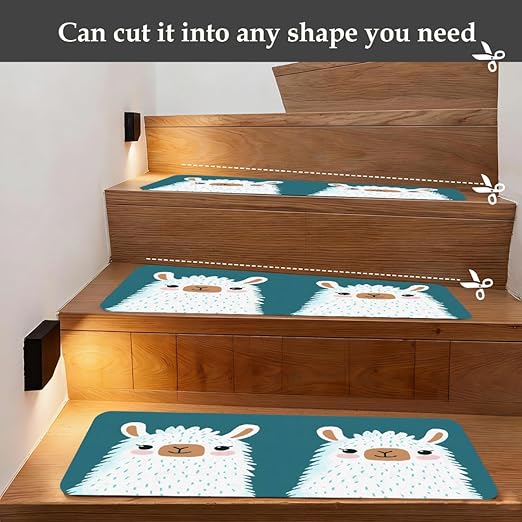 Animal Cute Cartoon Alpaca Stair Treads for Wooden Steps Indoor Washable Staircase Carpet 1PCS 30"x7.8" Stair Step Treads Non-Slip Staircase Covers Peel and Stick Safety Mat for Kids Elders Pets