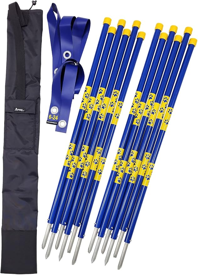 ActiveDogs Agility In-ground Weave Poles - Outdoor Dog Obstacle Agility Training Exercise Equipment Kit (Set of 12 Set w/Bag & Position Guide)