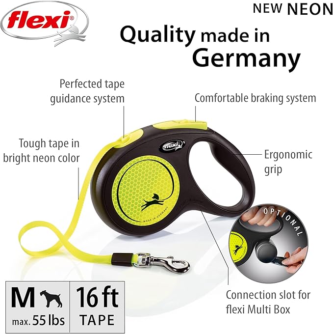 FLEXI New Neon Tape Retractable Dog Leashes for Medium Dogs Upto 55 lbs. – 16 ft., Neon Yellow/Black | Tangle Free Pet Walking Leash with One-Handed Brake, Pause, Lock|German Quality Product