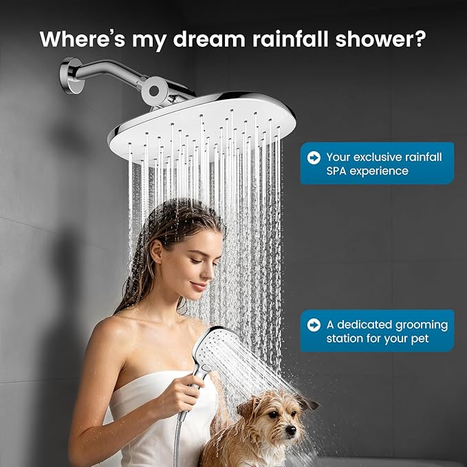 PWERAN 10" High Pressure Rain Shower Head with Handheld, Rainfall Shower Heads with 3-Mode Handheld Spray Combo, Detachable Hand Held Showerhead,71'' Hose and Holder for Kids, Pet & Elderly