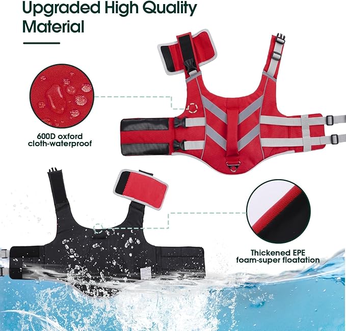Kuoser Dog Life Jacket with Reflective Stripes, Dog Life Vest for Swimming Boating, Adjustable Pet Lifejackets with High Flotation, Doggie Swimsuit for Small Medium Large Dogs