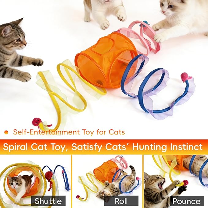 Cat Spring Toy-Spiral Cat Tunnel with 3 Realistic Mouse Decor, Retractable Elastic Spring Cat Toy for Indoor Cats