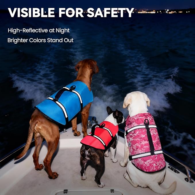 VIVAGLORY Rip Stop Dog Life Vest, Swimming Vest with Handle, Buoyancy for Doggy Puppy, Dog Life Jacket for Swimming & Boating, L, Camo Pink