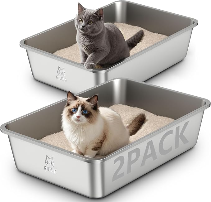 Qiuma 2 Pack Stainless Steel Cat Litter Box, 23.4" L×15.6" W×5.9" H, Metal Kitty Litter Box with High Sided for Big Cats, Non-Stick, Easy to Clean, Odor-Free