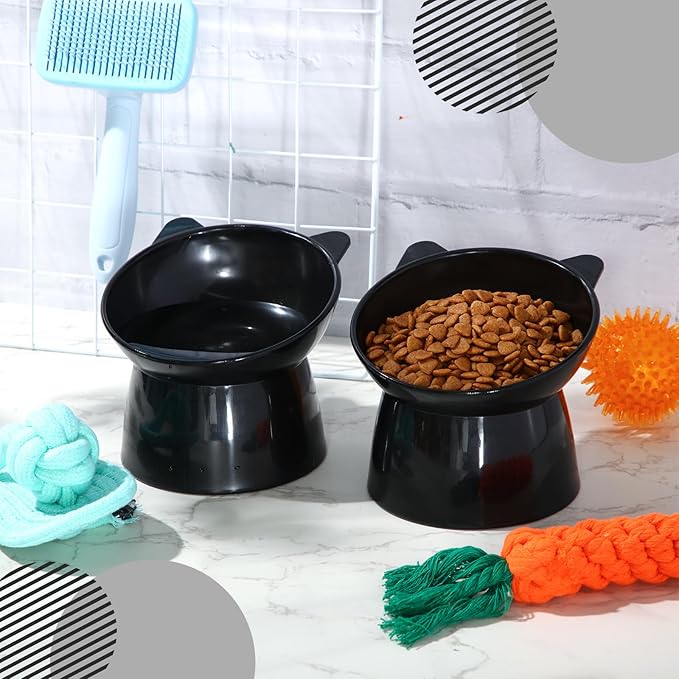 Zhehao 2 Pcs Elevated Cat Bowl Set, Tilted 15° Plastic Raised Food and Water Bowls Anti Vomit Pet Feeding Dishes for Indoor Cats/Small Dogs(Cat Ears,Black)