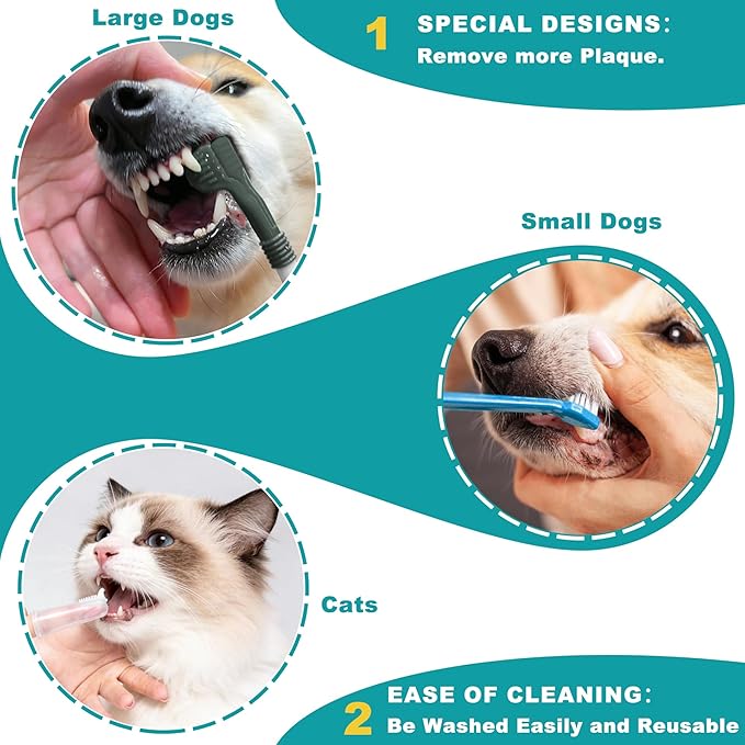 Dog Toothbrush Kit, 360-Degree Finger Three-Sided Design, Replaceable Brush Heads, Easy Teeth Cleaning and Dental Care (7 Pack)