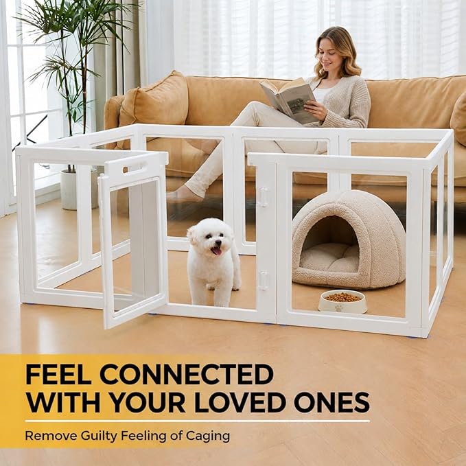 24" H Extension Kit 1 Gate + 1 Panel, T-Buckles for Compartment, Expandable Clear Dog Play Pen Acrylic Dog Playpen Indoor, for Puppy Cat Bunny Small & Medium Dogs