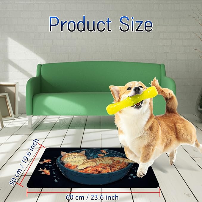 Dog Food Mat, 19.6" x 23.6" Absorbent Pet Feeding Mat for Food and Water, Waterproof Diatom Mud Pet Placemat with Non-Slip Rubber Backing, Easy Clean Cat Bowl Mat for Floors - Cat and Fish