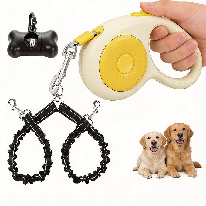 Dual Retractable Dog Leash for 2 Large Dogs (Up to 110 Lbs), One-Button Break and Lock, Non-Slip Grip, Double-Headed, 16 FT Extendable Pet Leash with Poop Bags, 360° Tangle-Free (Yellow, Large)