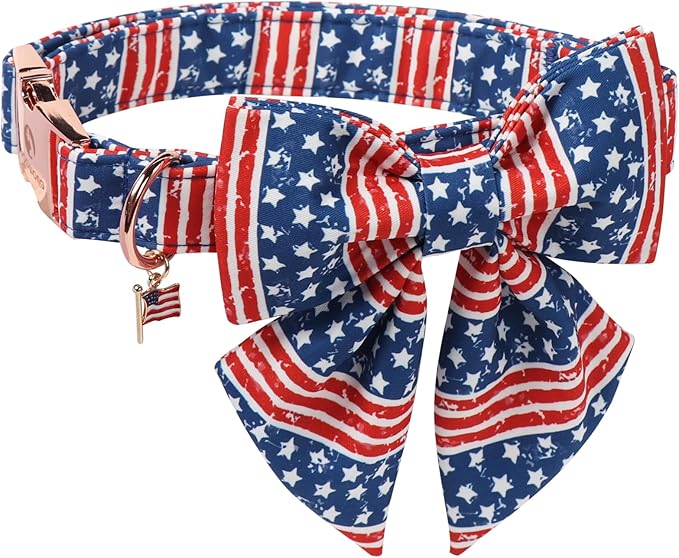 DOGWONG 4th of July American Flag Dog Collar, Red Blue Sailor Bow Tie Dog Collars with Metal Adjustable Buckle, Comfortable Independence Day Dogs Collars for Large Dogs