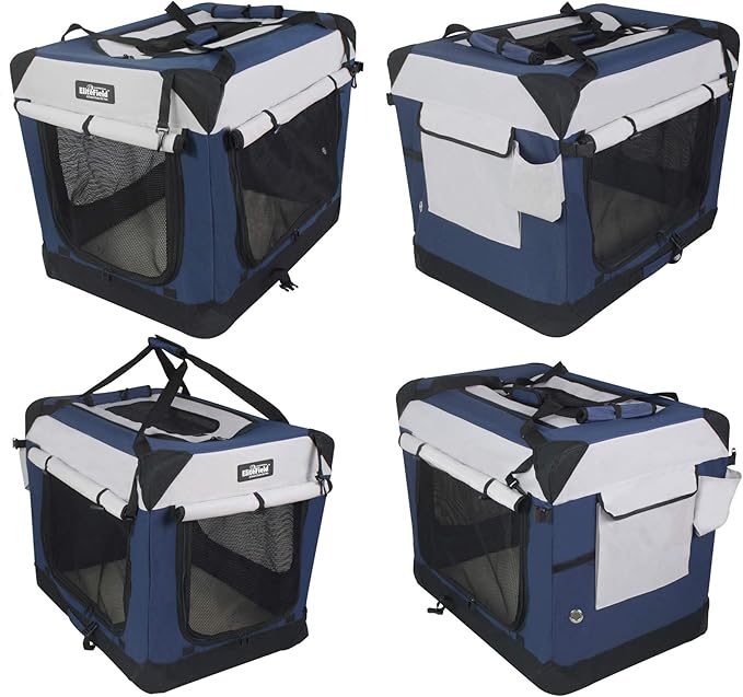 EliteField 4-Door Folding Soft Dog Crate with Curtains, Carrying Bag and Fleece Bed (2 Year Warranty), Indoor & Outdoor Pet Home (42" L x 28" W x 32" H, Navy Blue+Gray)