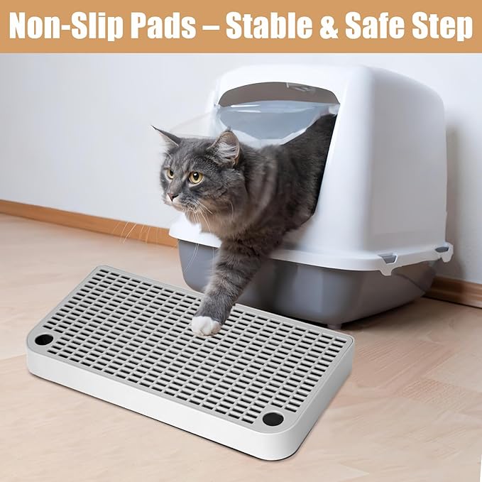 Cat Litter Box Step, Cat Ramp for Litter Box, Double Layered Litter Catcher Mat with Filter Function, Pet Ramp Stool for Kitten & Elderly Cats, Non-Slip & Anti-Litter Tracking, Easy Clean (Grey)