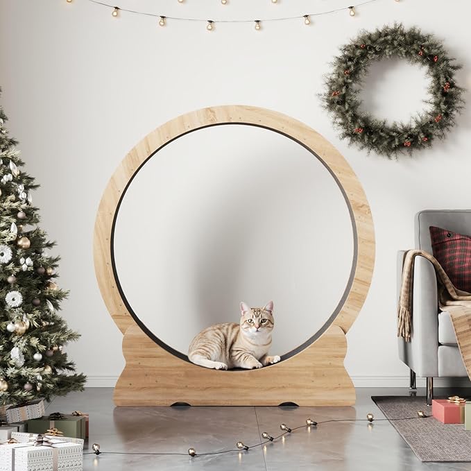 Mondeer Cat Exercise Wheel, 46'' Cat Wheel for Indoor Cats with Carpeted Runway, XL Treadmill with Removable Carpet and Teaser, for Running Walking Training (Natural Wood)