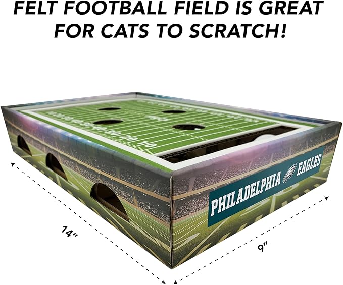 NFL Philadelphia Eagles Football Stadium Cat Scratcher Find & Play Box With 2 Jingle Bell Balls - Game Day Toy, Field Felt Scratcher, Play and Lounge Stimulating Game