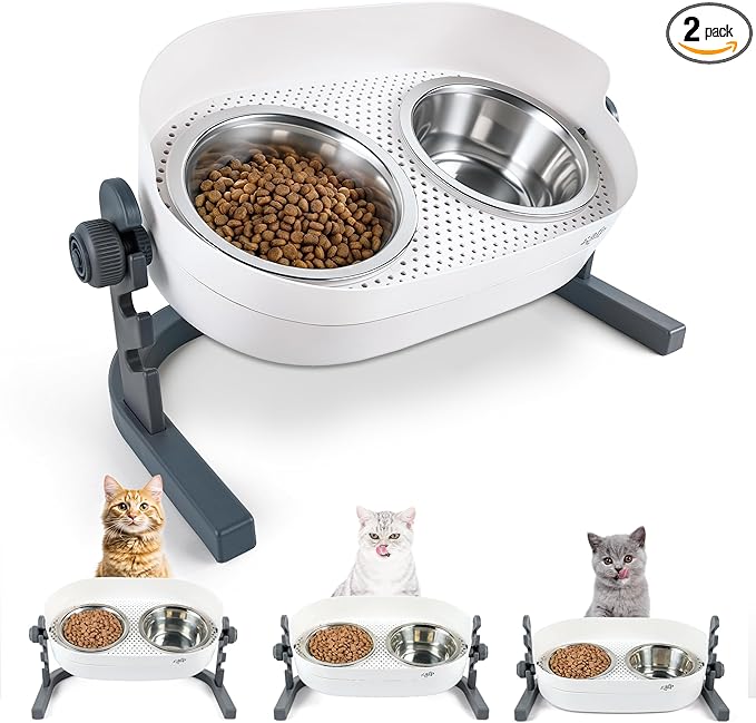 All for Paws Height Adjustable Cat Elevated Bowls Stainless Steel Dog Food Water Bowls, Height Adjustable Cat Feeder Mess Proof Pet Feeding Bowls for Small to Large Size Cats