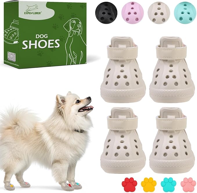 EVA Dog Shoes- Non-Slip Waterproof Dog Booties for Hot Pavement, Easy ON & Off, Reflective Adjustable Pet Boots & Paw Protectors, Rugged Sole for Small Medium Large Dog Outdoor Walking (Beige,S)
