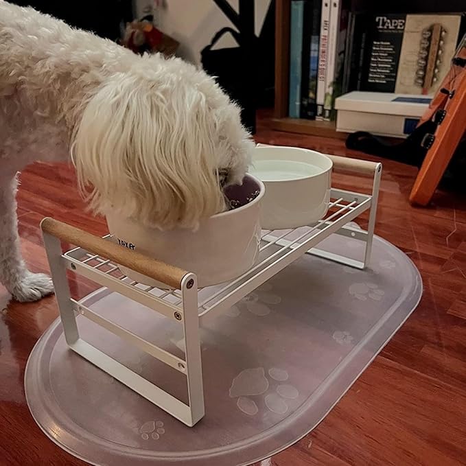CEEFU Upgraded Elevated Cat Bowls, Adjustable Raised Cat Dishes Stand with 2 Ceramic Bowls for Cats and Dogs, 20 oz Each