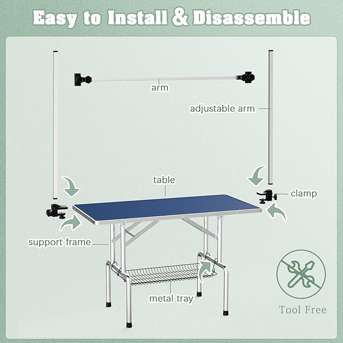 Dog Grooming Table, Adjustable Large Pet Drying Desktop, Foldable Bathing Desk with Arms, Noose, Mesh Tray, Maximum Capacity Up to 330Lb, 42in, Blue