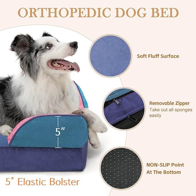 Comfort Expression Orthopedic Dog Bed for Large Dogs 36x27 Inch, Waterproof Egg Crate Foam Large Pet Bed with Bolsters, Dog Couch with Washable Cover & Non-Slip Bottom, Enchanted Cove