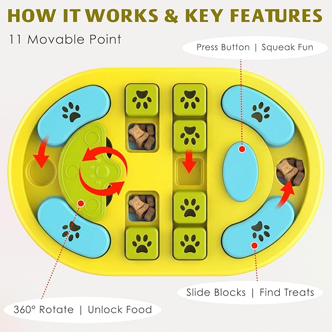 Dog Puzzle Toy, Interactive Treat Puzzle for IQ Training & Mental Stimulation, Non-Slip Slow Feeder Enrichment Boredom Buster for Puppies Small Medium Large Dogs Cats, Yellow Gift