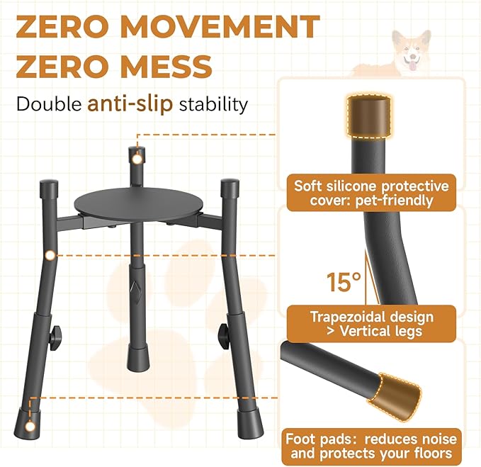 Oppro Extra-Stable Elevated Dog Bowl Stand for Large Medium Breeds, Adjustable Size 4 Heights Width 6-10in, Anti-Tip Metal Raised Food Feeder Water Dish Holder, Non-Slip Tall Single Lifted Riser