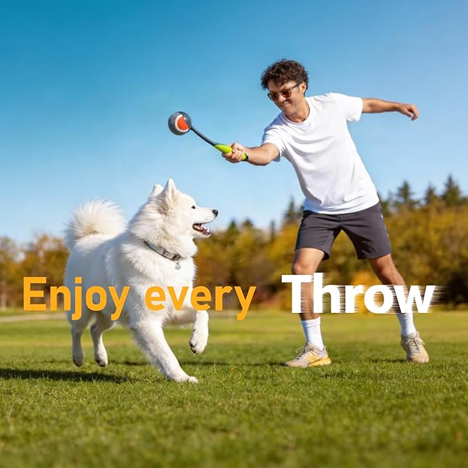 PAWISE Dog Ball Launcher for Small & Medium Dogs, 12.2" Dogs Fetch Toy with Tennis Ball + 3-Pack Squeaky Tennis Balls, Portable Hands-Free Pick-Up Thrower for Indoor & Outdoor Play