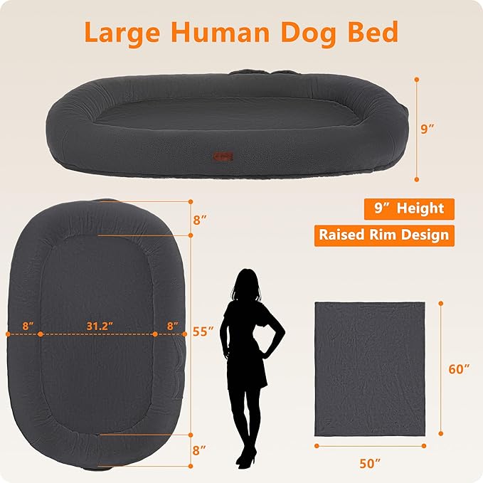 Human Dog Bed with Blanket, 71"x47.2"x9" Extra Large Fits Adult & Pets, Reversible Orthopedic Gel Memory Foam Cushion, Washable Faux Rabbit Fur, Plump Edge, Storage Pocket, Black Grey