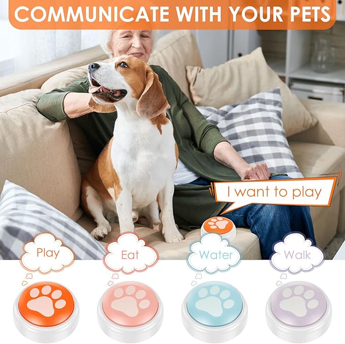 Set of 4 Dog Buttons for Communication, Voice Recording Button, Pet Interactivity 30 Second Record Button, Recordable Training Talking Buttons Starter Set, Communication Pet Training Buzzer