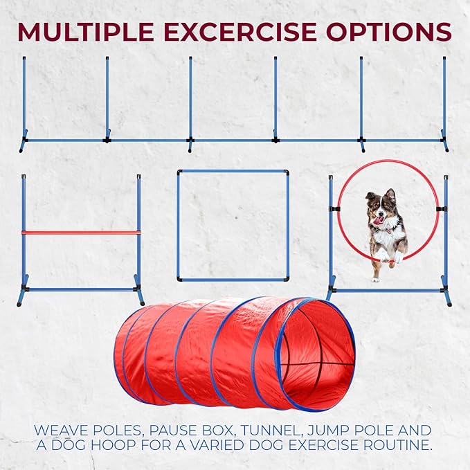 CHEEERING PET Premium Agility Set, 5-Piece Dog Training Kit - Tunnel, Jump, Hoop, Weave Poles, Easy-Carry Case for Indoor/Outdoor Use