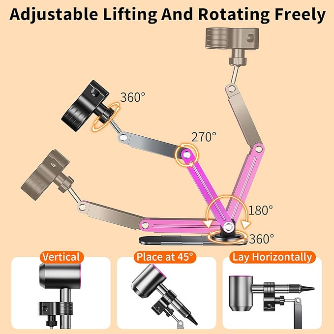 Metal Stable Hair Dryer Stand,Hands Free Blow Dryer Stand With Height & Angle Adjustable,Wall Mounted & Countertop Hairdryer Holder For Bathroom Bedroom Vanity,Compatible With 99% Hairdryers（Large）