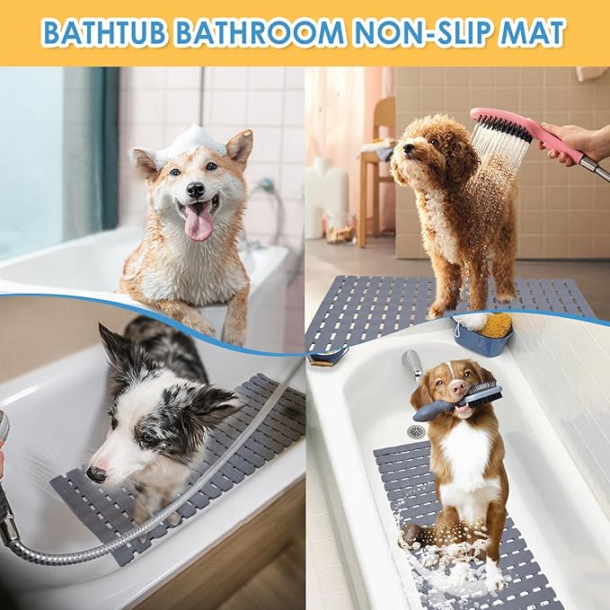 Bathtub Shower Mat, Pet Dog Bathing Non-Slip Mat, Dog Bath mat for tub, Quick Drain Bathtub Mat with Suction Cups & Drain Holes for Bathroom, 27 X 15.7 Inch (Khaki)