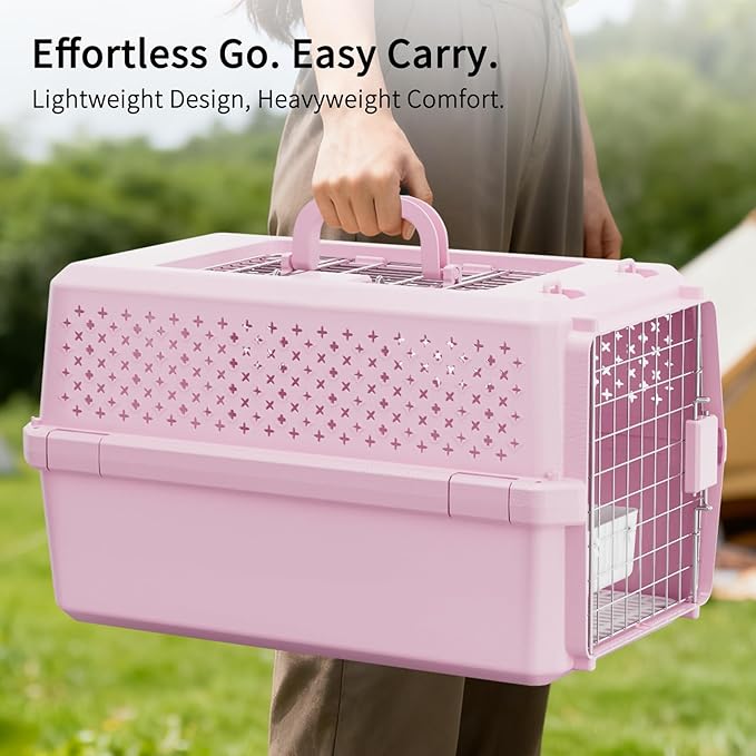 RIZZARI Pets Spree Hard-Sided Pink Pet Carrier, Portable Crate for Medium Dogs & Cats, Durable Plastic with Metal Door & Ventilation, Ideal for Weekend Outings & Air Travel