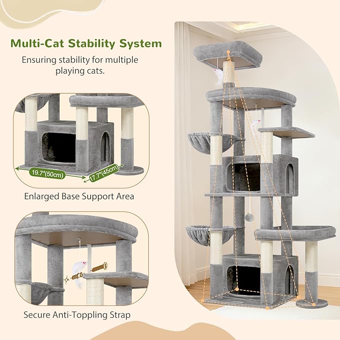 Globlazer 75in Sturdy Cat Tree for Large Cats, Heavy Duty Multi-Level Cat Tower for Indoor Cats with Extended Platform, 2 Spacious Condos, 2 Padded Perches, 6 Sisal Scratching Posts, S75, Light Grey