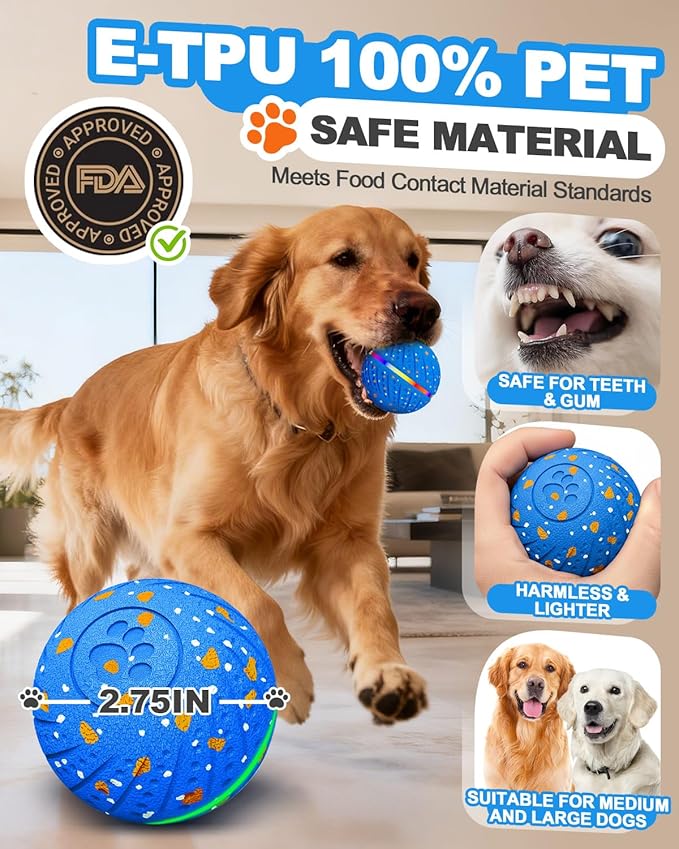 Interactive Dog Toy Balls, E-TPU Automatic Rolling & Bouncing Dog Balls with Lights, Type-C Rechargeable IPX7 Waterproof Dogs Ball, Great Gift for Medium & Large Dogs