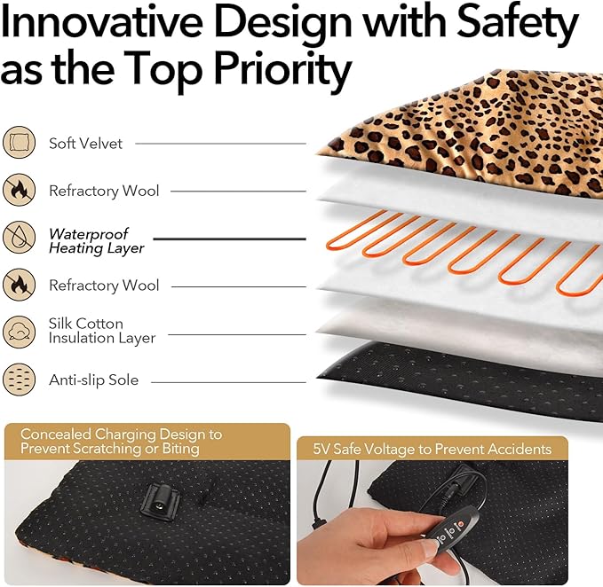 USB Heating Warmer Pad Bed for Cat, Small Dog and Pet, Safe 5V2A Power-Bank Battery Operated, 3-Temperature Settings, Washable, for Indoor and Outdoor Use. 15" x 19" x 0.6" (Leopard)