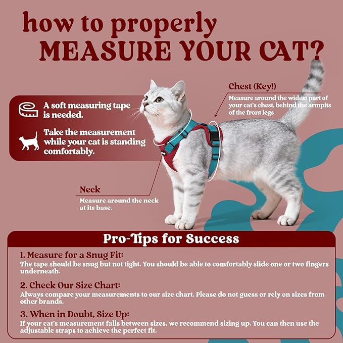rabbitgoo Cat Harness and Leash Set, Escape Proof Vest Harness for Safe Outdoor Walks, Soft Breathable Adjustable Vest with Reflective Strips for Average to Large Cats, Red & Teal, M