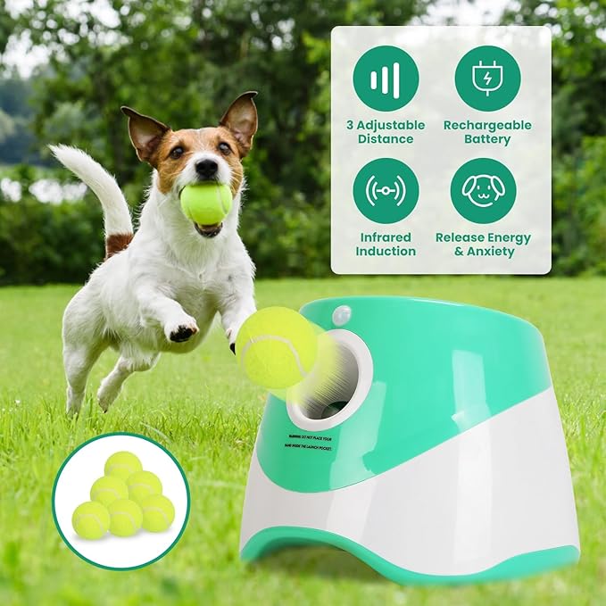Automatic Dog Ball Launcher, Dog Ball Thrower with 9.84-29.52ft 3 Launching Distance, Rechargeable Dog Toy Mental Stimulation Training Game with 1.96" Tennis Balls for Energetic Small Medium Dogs
