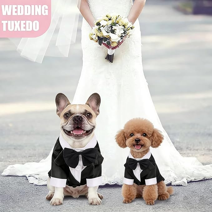 Dog Shirt Puppy Clothes, Pet Wedding Suit Formal Tuxedo with Black Bow Tie, Pet Outfit for Small Medium Dogs Cats, Pet Weding Attire Dress Up Cosplay Prince Costume Gentleman Apparel (Black, Small)
