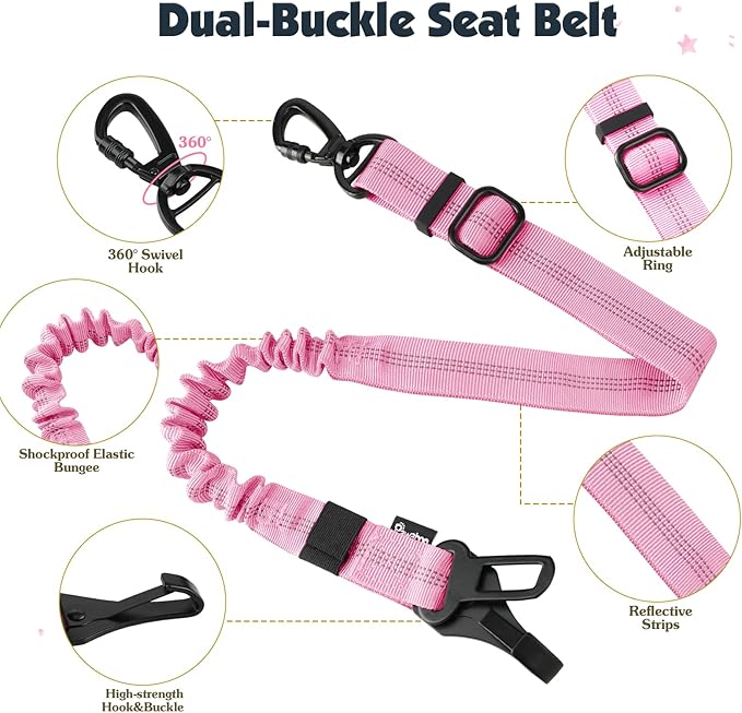 Pawaboo Dog Seat Belt Harness for Car, Dog Car Harness Seatbelt with Double Clips, Adjustable Breathable Pet Vest & Dogs Safety Tether with Elastic Bungee for Small Medium Large Pet, M, Pink + Black