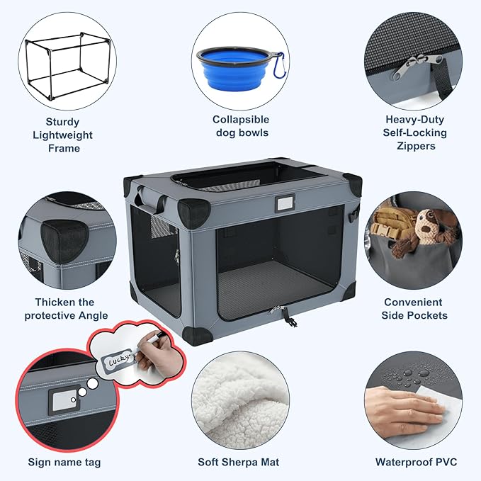 42 Inch Soft Dog Crates, Collapsible Dog Travel Crate for Extra Large Dogs Indoor & Outdoor, 3-Door Foldable Pet Kennel with Mesh Windows, Soft Blanket and Foldable Bowl