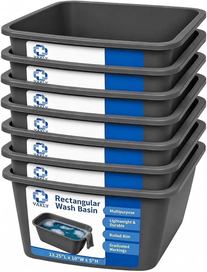 Vakly Wash Basins – Rectangular Plastic Hospital Bedside Soaking Tub (Pack of 8) Small 7 Qt Graduated Bucket - Portable Washbasin for Washing, Cleaning, Foot Bath, Dishes, Face Cleansing Bowl (8)